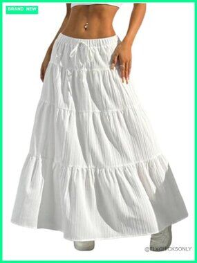 Boho Flowy Flared Ruffle Maxi Skirt Casual Summer Beach Vacation